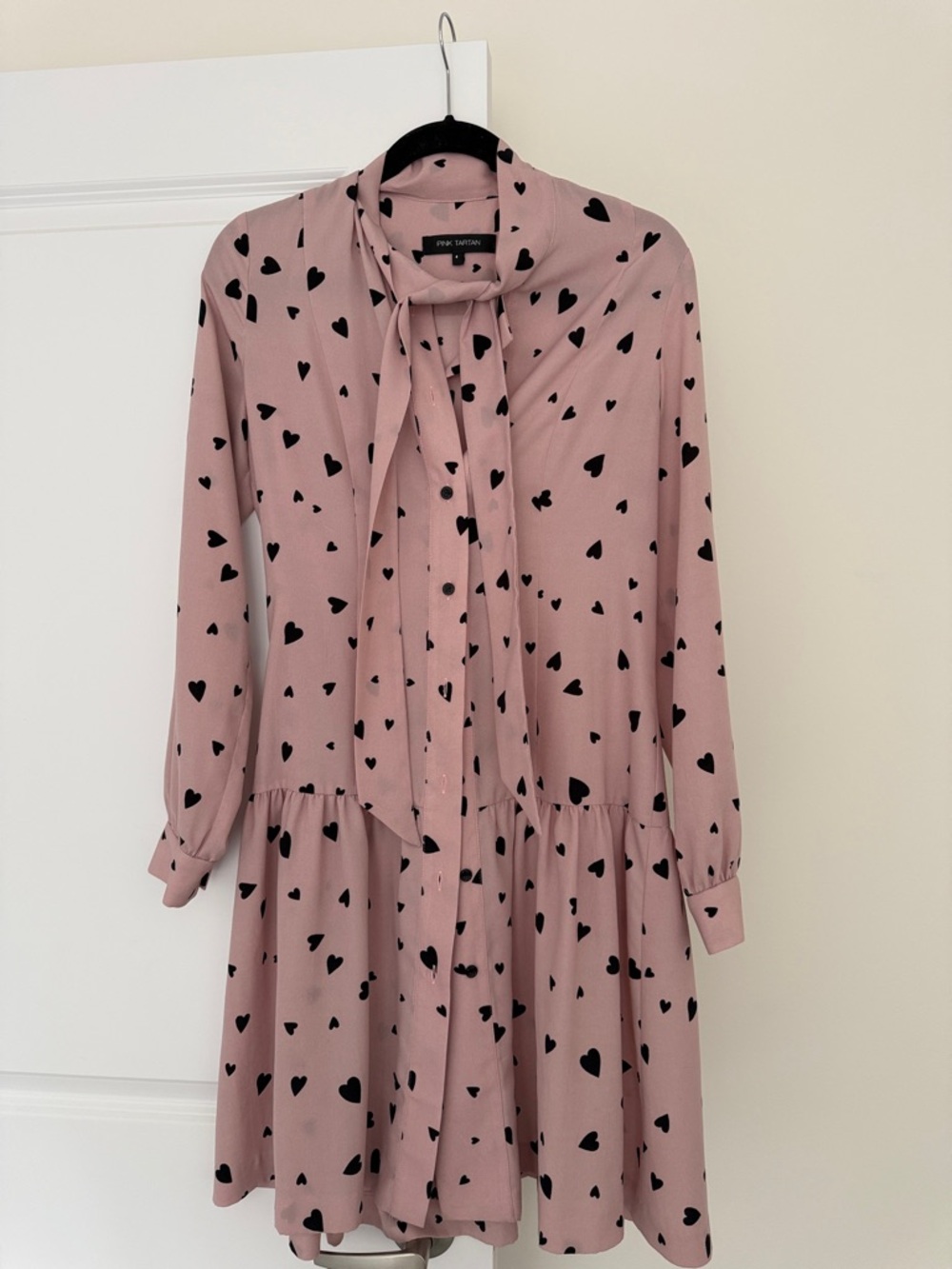 Pink Tartan Dusty Pink Heart Tie-Neck Long Sleeve Dress